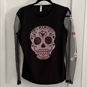 Edgy Black Long Sleeve Top with Pink Skull Design
